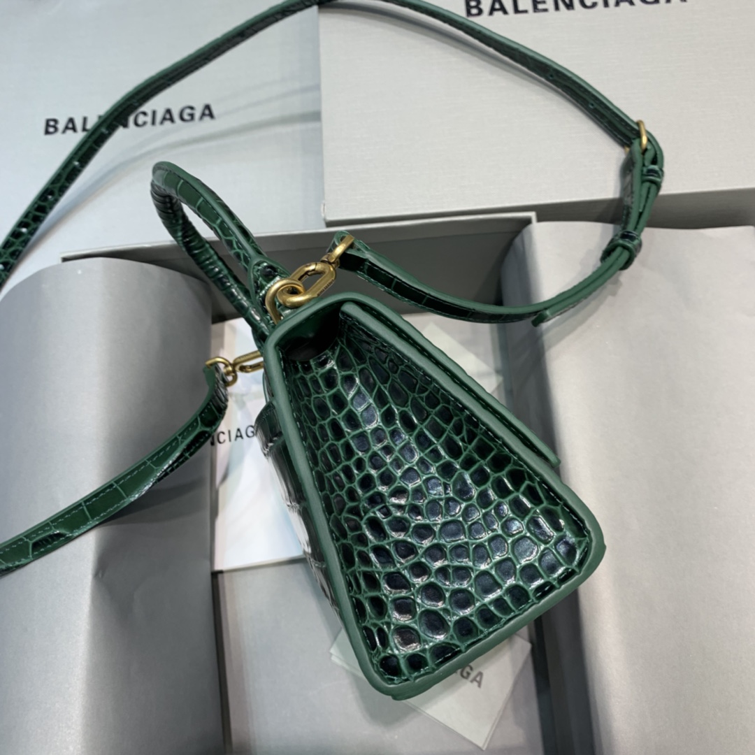 Balenciaga Hourglass XS Handbag Crocodile Embossed Shoulder Bag Dark Green